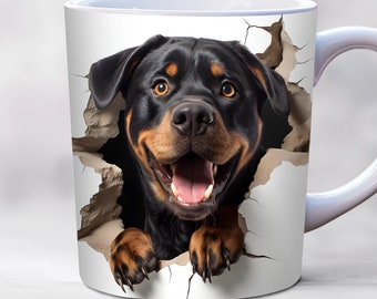 May include: A white ceramic mug with a black and brown Rottweiler dog peeking out of a hole in the side. The dog has a happy expression and is looking directly at the viewer.