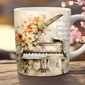 Floral piano mug wrap, 11oz and 15oz mug template, music instrument mug wrap png, classic music mug wrap, music lover mug wrap