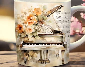 Floral piano mug wrap, 11oz and 15oz mug template, music instrument mug wrap png, classic music mug wrap, music lover mug wrap