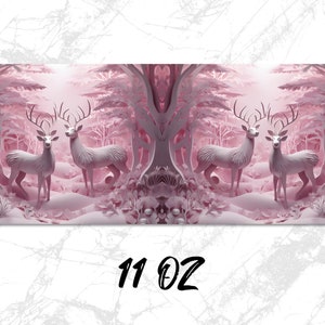 Puede incluir: Una ilustraci&oacute;n digital de un bosque rosa con cuatro ciervos blancos de pie en la nieve. Los ciervos tienen cuernos y miran hacia adelante. El fondo es un bosque rosa con &aacute;rboles y arbustos. La imagen es una ilustraci&oacute;n digital.