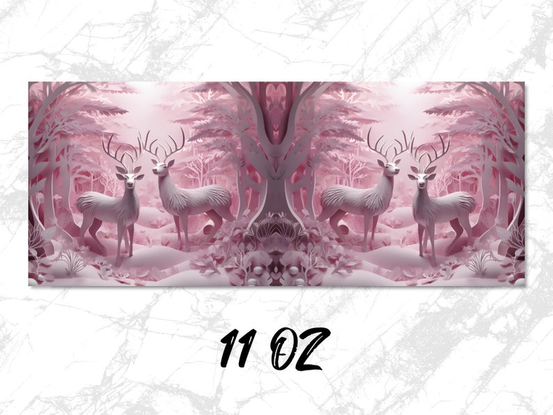 Puede incluir: Una ilustraci&oacute;n digital de un bosque rosa con cuatro ciervos blancos de pie en la nieve. Los ciervos tienen cuernos y miran hacia adelante. El fondo es un bosque rosa con &aacute;rboles y arbustos. La imagen es una ilustraci&oacute;n digital.
