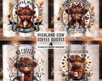 ハイランドカウ コーヒーアディクト タンブラーラップバンドル、20オンス スキニータンブラー PNG 昇華テンプレート、コーヒー愛好家へのギフト、コーヒーの名言タンブラーラップ
