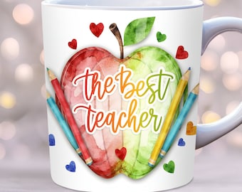 The Best Teacher Mug Wrap, 11oz, 15oz Mug Template, Mug Sublimation Design,Rainbow Heart Mug Wrap Template, Instant Digital Download PNG