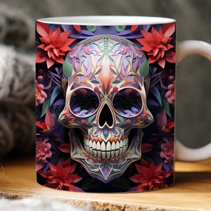 3d sugar skull mug wrap, 11oz and 15oz mug template, Halloween 3D mug sublimation design, mug wrap template PNG instant digital download