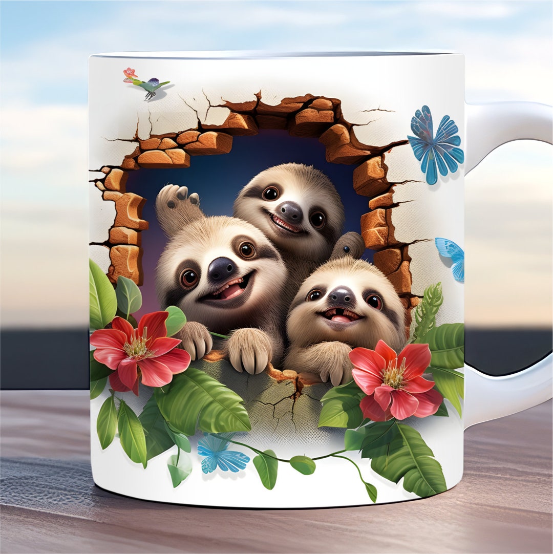 3D Baby Sloths Hole in a Wall Mug Wrap 11oz & 15oz Mug Template, 3D Mug ...