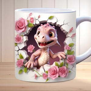 3d baby dinosaur mug wrap png, 11oz and 15oz mug template, hole in a wall mug wrap, sublimation design, PNG instant digital download