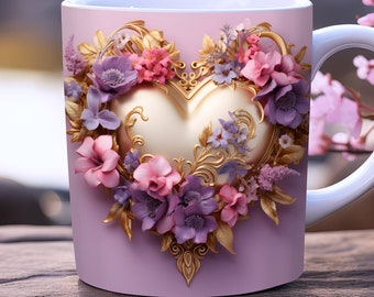 3d valentine mug wrap, PNG, 11oz and 15 oz mug design, wedding mug wrap, valentines day mug wrap, love mug wrap, pink heart mug wrap