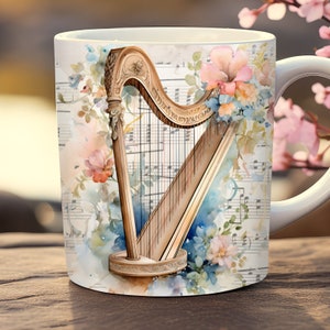 Floral harp mug wrap, 11oz and 15oz mug template, music instrument mug wrap png, classic music mug wrap, music lover mug wrap