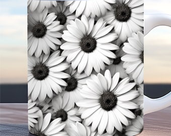 Emballage floral 3D noir et blanc, emballage de tasse de fleurs 3D, modèle de tasse de 11 oz et 15 oz, emballage de tasse de marguerite 3D, sublimation png, emballage de tasse floral