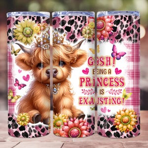 Funny Princess Highland Cow tumbler Wrap, 20 oz Skinny Tumbler Sublimation Design PNG, Cute Pink Cow Tumbler Wrap, Digital Download