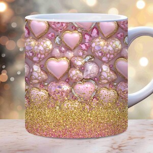 Valentines Day Mug Wrap, 11oz and 15 oz mug Sublimation PNG designs, Pink Hearts Mug Wrap, Gold Glitter Love Mug Wrap, Couples Newlywed Gift