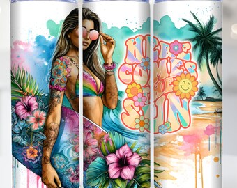 Here Comes The Sun 20オンス、スキニータンブラーラップ、PNG昇華デザイン、サマータンブラー、ビーチタンブラー、サーファータンブラーラップ、デジタルダウンロード