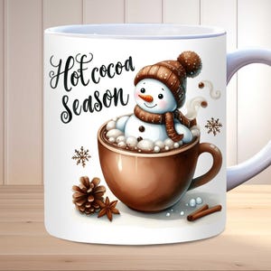 Snowman Hot Chocolate Mug Wrap, 11oz & 15oz Mug Template PNG, Cozy Winter Mug Wrap, Christmas Mug Wrap Sublimation Design, Holiday Mug Wrap