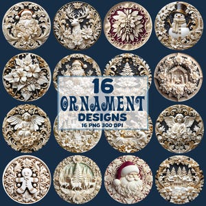 May include: Sixteen Christmas ornament designs featuring Santa Claus, reindeer, angels, and snowmen. The white ornaments have gold accents, set against a dark blue backdrop. The text "16 Ornament Designs" is displayed in the centre, with the text "16 PNG 300 DPI" below.
