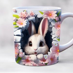 3d baby rabbit mug wrap, 11oz and 15oz mug wraps, hole in a wall mug wrap, mug sublimation design, animal mug wrap template png