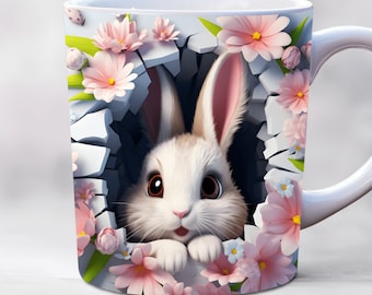 Emballage 3D de tasse de bébé lapin, emballages de tasse de 11 oz et 15 oz, emballage de tasse de trou dans un mur, conception de sublimation de tasse, modèle d'emballage de tasse d'animal png thumbnail
