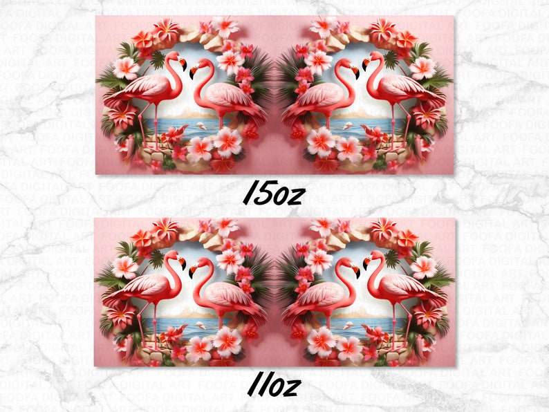 May include: Two pink flamingos with black eyes and beaks are standing in a circle of pink flowers and green leaves. The background is a light pink color. The image is a 15oz and 11oz tumbler design.