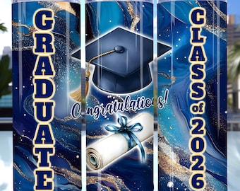 Capa para copo térmico azul royal de formatura, capa para copo térmico da turma de 2026, copo térmico fino de 590ml PNG, presente de formatura, embalagem para presente de formatura