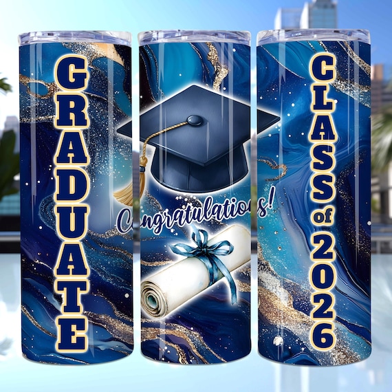 Royal Blue Graduation Tumbler Wrap, Graduate Class of 2026 Tumbler Wrap, 20oz Skinny Tumbler PNG, Graduation Gift, Graduation gift Wrap
