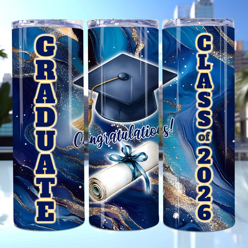 Envoltorio para vaso de graduación azul rey, envoltura para vaso de graduados de 2026, vaso delgado de 20 oz PNG, regalo de graduación, envoltura de regalo de graduación imagen 1