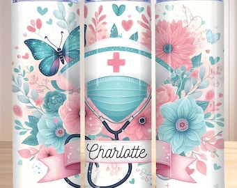 Pink Nurse Tumbler Wrap PNG, 20oz Skinny Nurse Sublimation Design, Add Name, Personalized Nurse Gift, Custom Nursing Student Gift