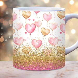 Valentines Day Mug Wrap, 11oz and 15 oz mug Sublimation PNG designs, Pink Hearts Mug Wrap, Glitter Love Mug Wrap, Couples Newlywed Gift
