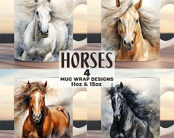 Watercolor Horse Mug Wrap Bundle, 11oz and 15oz Mug Template, Farm Animal Mug Wrap, Horse Coffee Wrap, Instant Digital Download