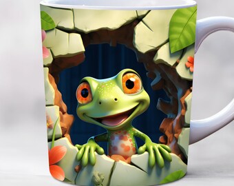 3D Frosch Baby Becher Verpackung, 11 Unzen und 15 Unzen Tassenverpackungen, Loch in einer Wandbecherverpackung, Becher Sublimationsdesign, Tier Becherverpackungsvorlage png