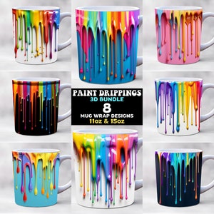 3d rainbow dripping paint mug wrap bundle, 11oz and 15oz mug template, teacher mug wrap, rainbow mug wrap, mug sublimation design, png