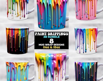 3d rainbow dripping paint mug wrap bundle, 11oz and 15oz mug template, teacher mug wrap, rainbow mug wrap, mug sublimation design, png