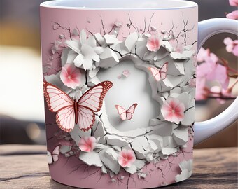 3d pink butterfly mug wrap png, 11oz and 15oz mug template, hole in a wall mug wrap sublimation design, flower mug wrap, floral mug wrap