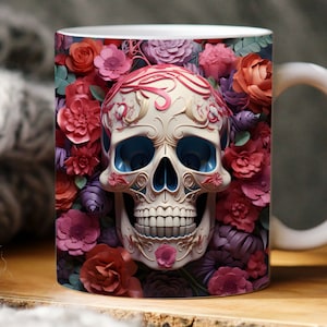 3d sugar skull mug wrap, 11oz and 15oz mug template, Halloween 3D mug sublimation design, mug wrap template PNG instant digital download