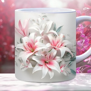 3D Pink White Lilies Flowers Mug Wrap, 11oz And 15oz Mug Template, Mug Sublimation Design, Mug Wrap Template, Instant Digital Download PNG