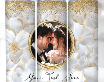 White Gold Floral Photo Tumbler Wrap PNG, Wedding Tumbler Wrap, 20 oz Skinny Tumbler wrap, Image Tumbler Wrap, Add Your Own Text