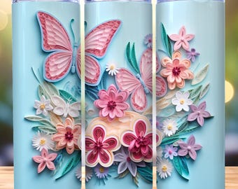 Mariposa 3D con flores, vaso delgado de 20 oz, sublimación, envoltura de mariposa para vaso, envoltura recta y cónica para vaso, flor PNG