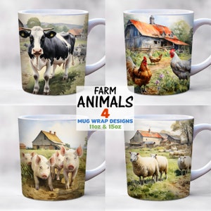 May include: Set of four 11oz and 15oz white ceramic mugs with different farm animal designs. The mugs feature a cow, rooster, pigs, and sheep in a watercolor style.