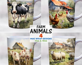 Farm Animal Mug Wrap Bundle, 11oz, 15oz Mug Wrap Template, Cow Mug Wrap, sublimation design, Chicken Mug Wrap, Farming Mug Wrap