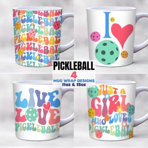May include: Four different designs for 11oz and 15oz pickleball themed mugs. The first mug has a repeating pattern of pickleball paddles and the word "pickleball" in rainbow colors. The second mug has a large pickleball paddle with a heart and the word "I" in front of it. The third mug has the words "Live Love Pickleball" in rainbow colors with a pickleball paddle and a heart. The fourth mug has the words "Just a Girl Who Loves Pickleball" in rainbow colors with a pickleball paddle.