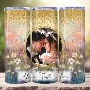 Tumbler wrap personalizzabile per matrimonio in formato PNG, tumbler wrap sottile da 20 once, aggiungi il tuo testo e la tua foto, primavera, estate floreale, glitter oro