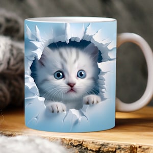 3d cute baby cat hole in a wall mug wrap, 11oz and 15oz mug Template, mug sublimation design, kitten mug wrap template, coffee mug PNG