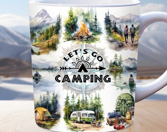 Pode incluir: Caneca de cerâmica branca com um design de aquarela de uma bússola com as palavras "Let's Go Camping" e várias cenas de acampamento na floresta.