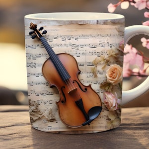 Envoltura de taza con diseño de violín floral, plantilla para taza de 11 oz y 15 oz, envoltura de taza con instrumento musical png, envoltura de taza con música clásica, envoltura de taza para amantes de la música