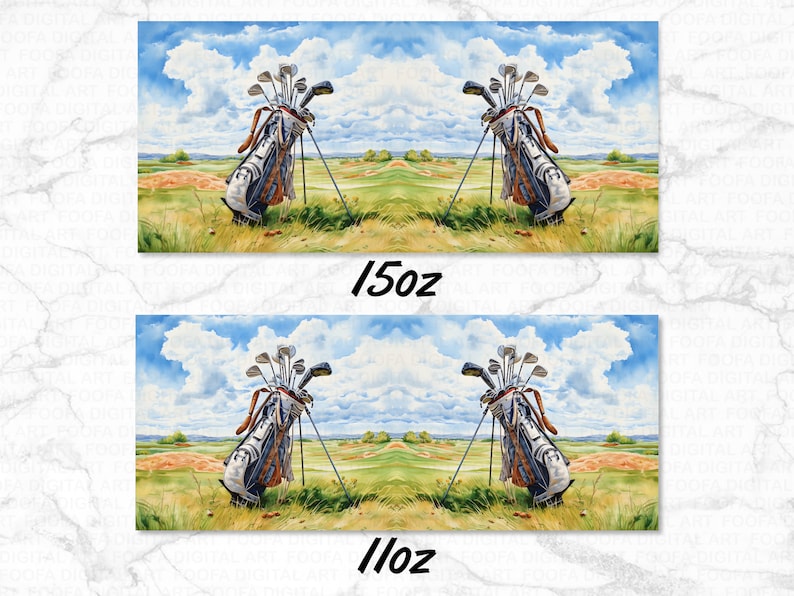 May include: A watercolor painting of a golf bag with clubs sticking out of the top. The bag is on a green golf course with a blue sky and white clouds in the background. The text "15oz" and "11oz" are printed below the image.