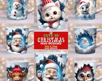 Lot 3D d'emballage de tasse de Noël, modèle de tasse de 11 oz et 15 oz, emballage de tasse de bonhomme de neige, emballage de tasse d'hiver, conception de sublimation de tasse, emballages de tasse de vacances