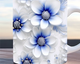 3d blue flowers mug wrap, 3d flower mug wrap, 11oz and 15oz mug template, wedding mug wrap, sublimation design png, white floral mug wrap