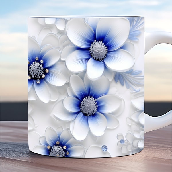 3d blue flowers mug wrap, 3d flower mug wrap, 11oz and 15oz mug template, wedding mug wrap, sublimation design png, white floral mug wrap