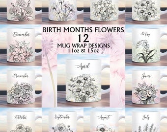 Birth Month Flowers Mug Wrap Bundle, 11oz and 15oz Mug Wrap Templates, Mug Sublimation PNG, Birthday Gift Mug, Instant Digital Download