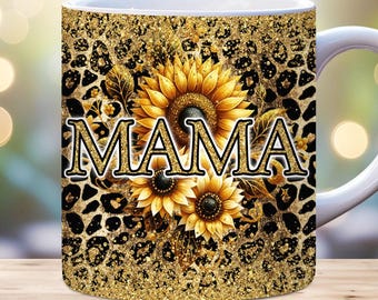 Mok met bloemenprint voor mama, 11oz, 15oz PNG digitale download, mok met Moederdagprint, verjaardagscadeau voor mama, mama, mok met gouden glitter en luipaardprint