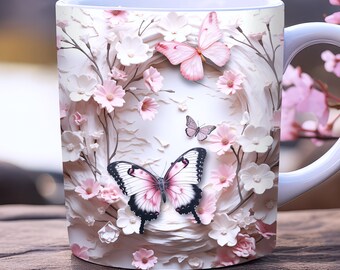 3d Pink Butterfly Mug Wrap PNG, 11oz and 15oz Mug Template, Spring Mug Wrap Sublimation Design, Flower Mug Wrap, Floral Mug Wrap