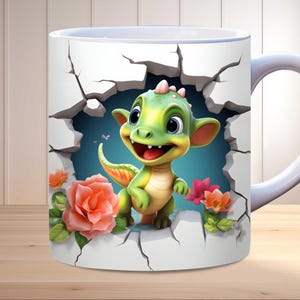 3d baby dinosaur mug wrap png, 11oz and 15oz mug template, hole in a wall mug wrap, sublimation design, PNG instant digital download
